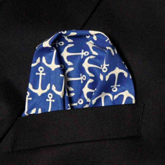 Gascoigne Hand Stitched Pocket Square Cotton Blue White Nautical Anchor Pattern - Picture 1 of 4